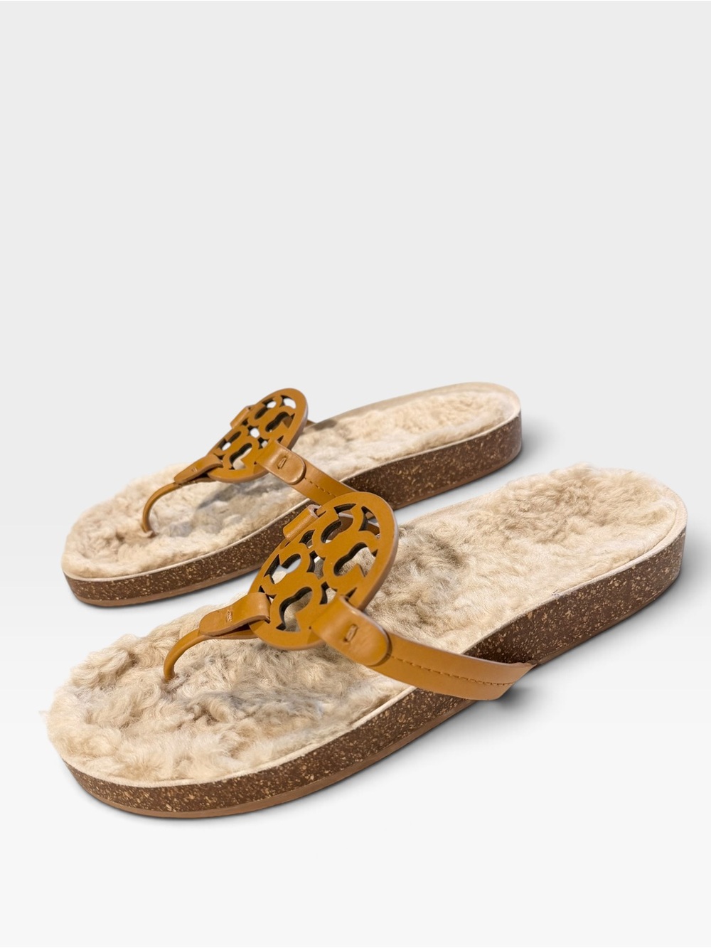 Tory Burch Miller Cloud Shearling Sandals 10.5 Caramel Corn Buttermilk